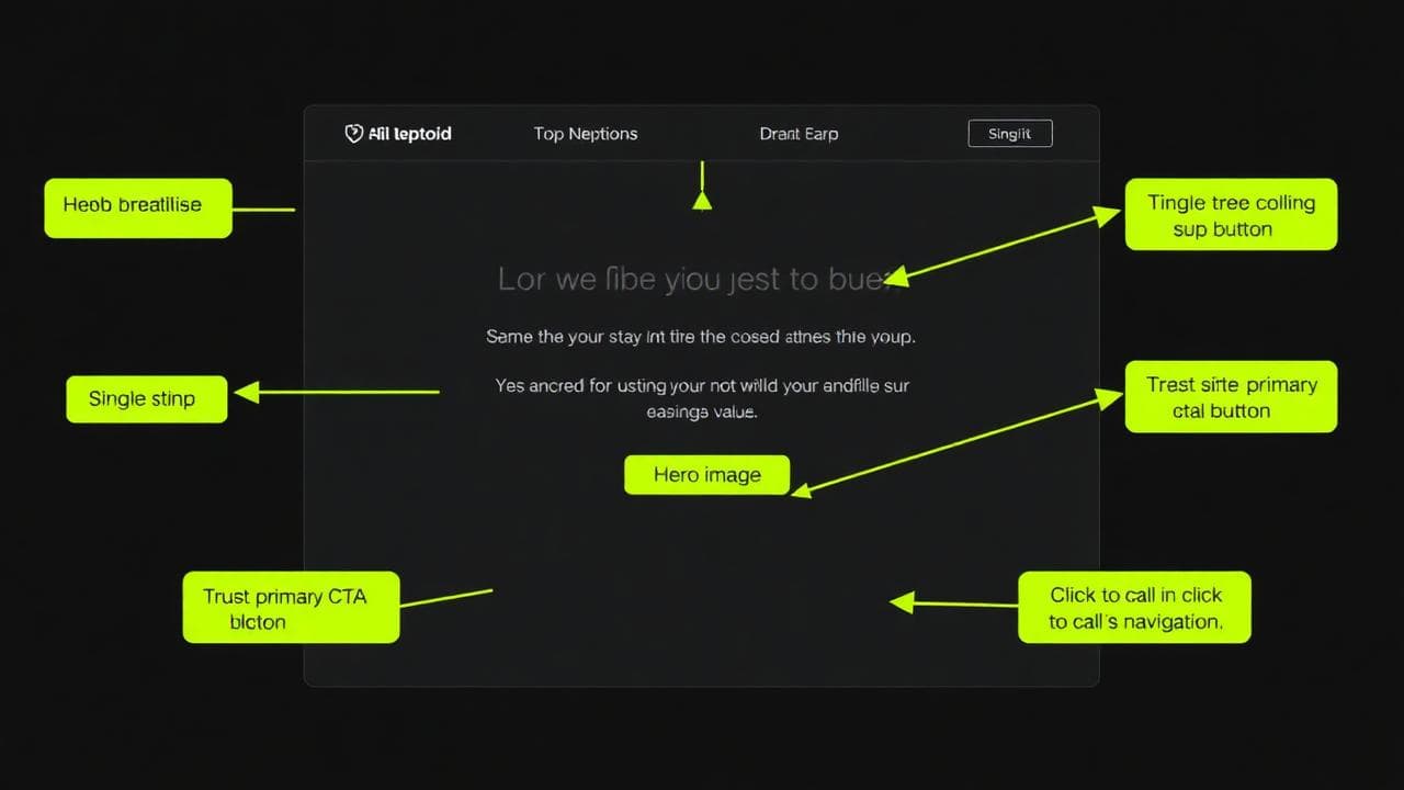 Annotated landing page hero section with callout labels for six key conversion elements