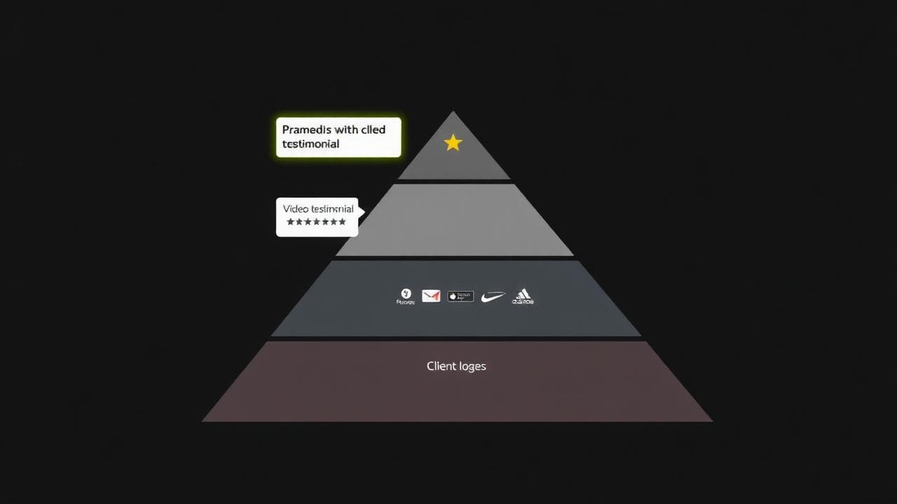 Social proof effectiveness hierarchy from most powerful (named outcome testimonial) to least (generic review)