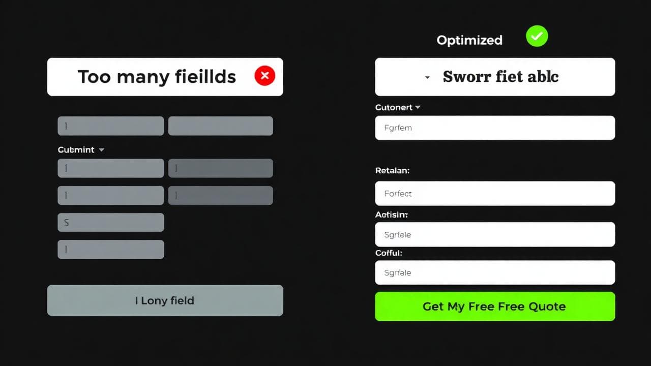 Side-by-side comparison: a 9-field form that kills conversion versus an optimised 3-field form with specific CTA copy