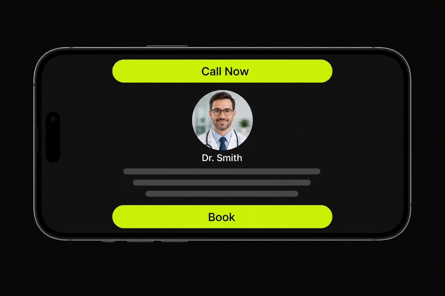 Doctor website displayed on a smartphone showing click-to-call header and mobile-optimised booking form