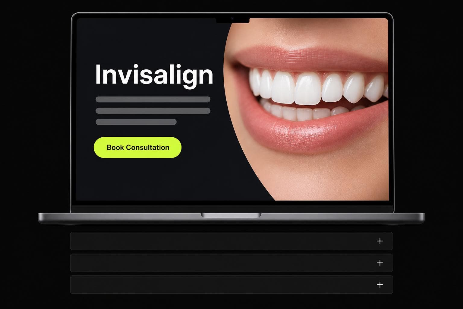 Invisalign service landing page mockup with city-targeted H1, before/after visual and consultation CTA