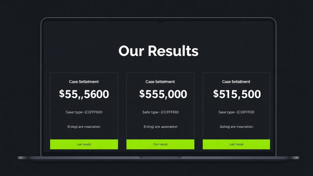 Law firm website case results section showing settlement amounts: $1.2M, $875K, $2.1M