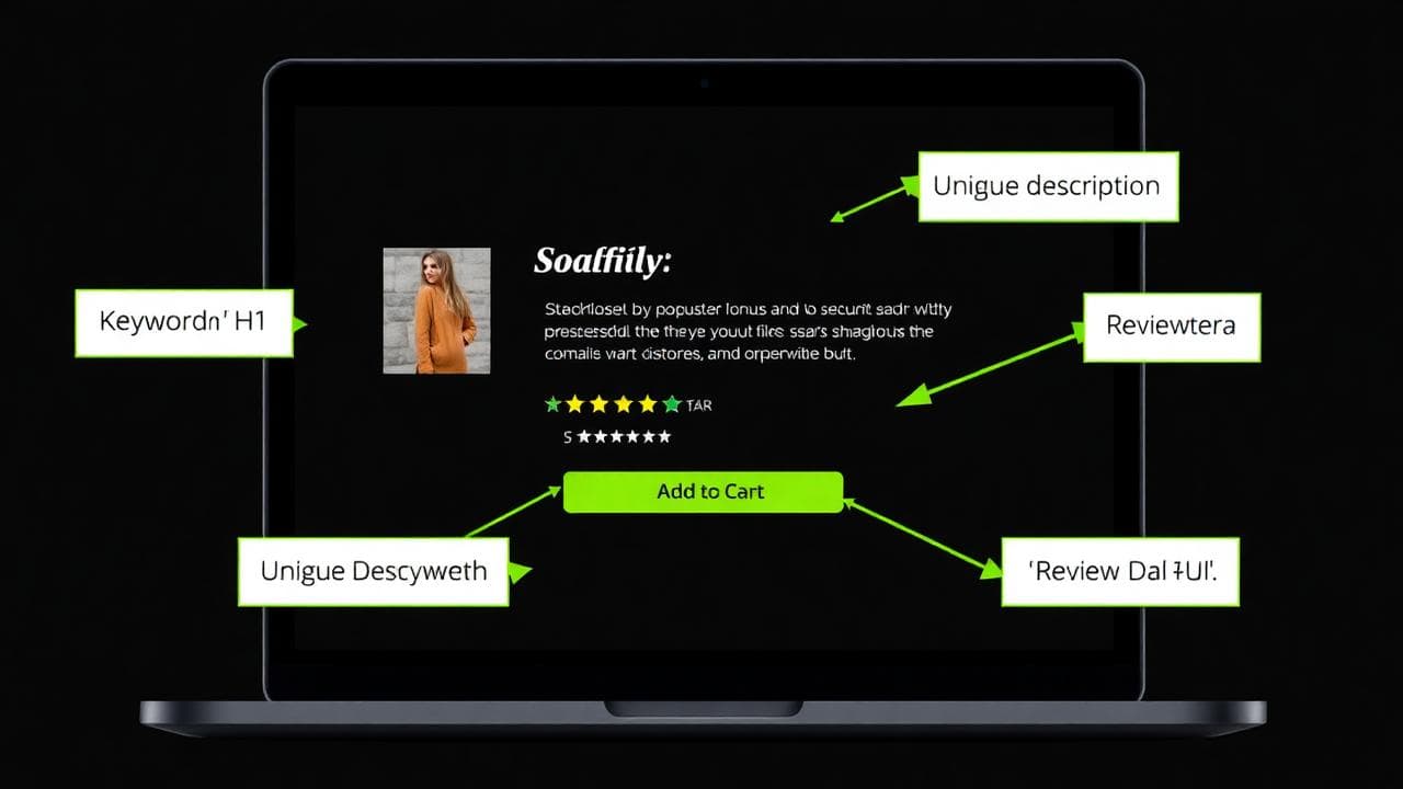 Annotated Shopify product page with callouts for keyword in H1, unique description, product schema and review count