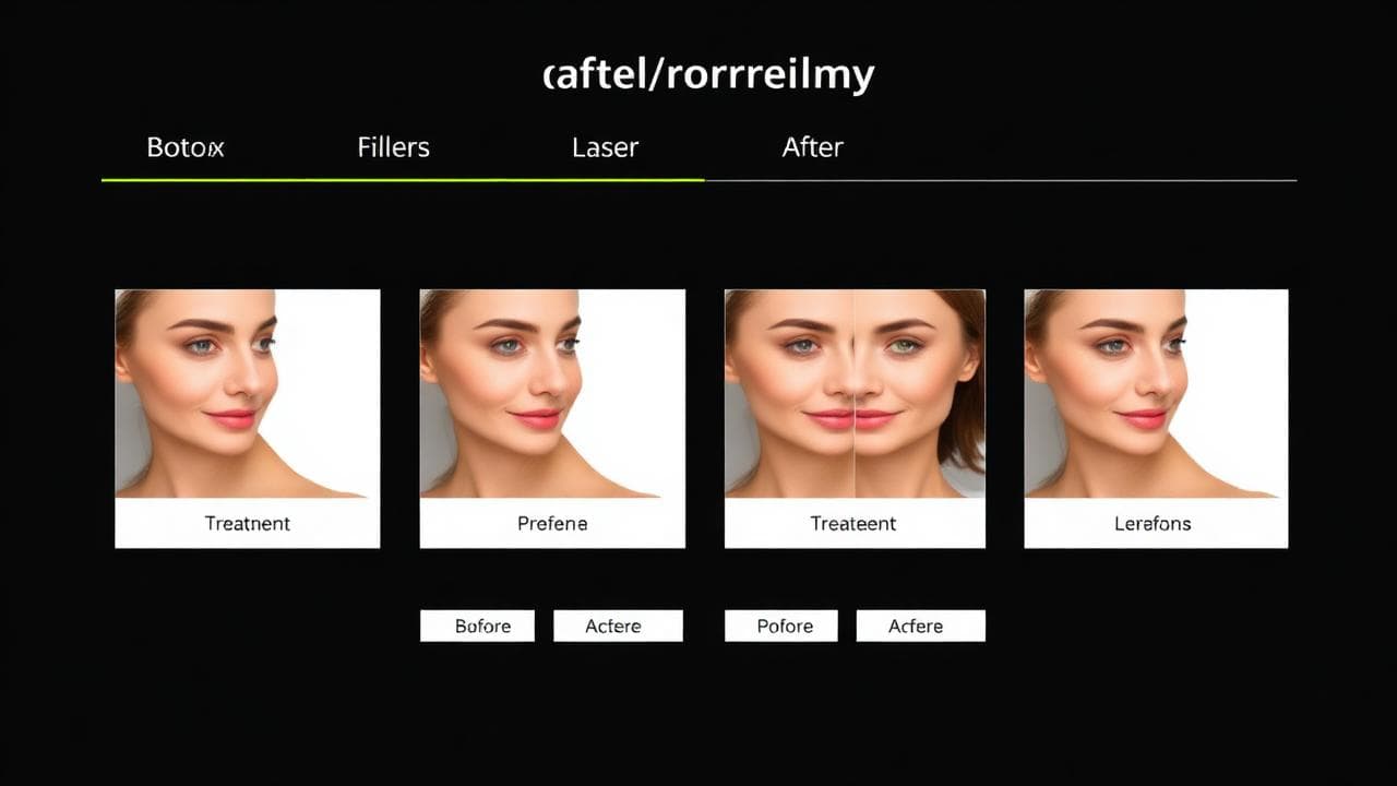 Medical spa before/after gallery UI with treatment filter tabs for Botox, Fillers, Laser and Body Contouring