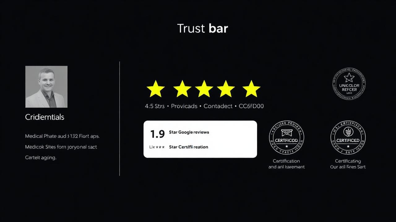 Medical spa trust bar showing provider credentials, Google review aggregate and brand certification badges