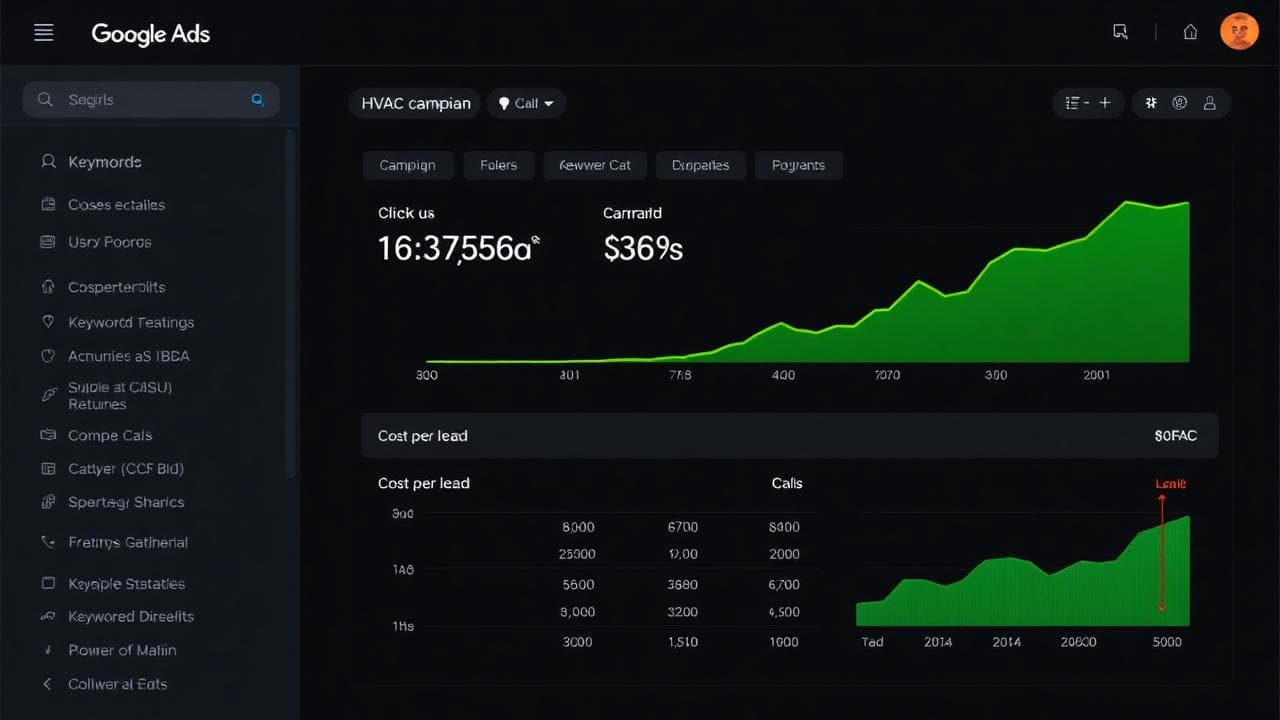 Google Ads dashboard for an HVAC campaign showing clicks, calls and cost per lead metrics