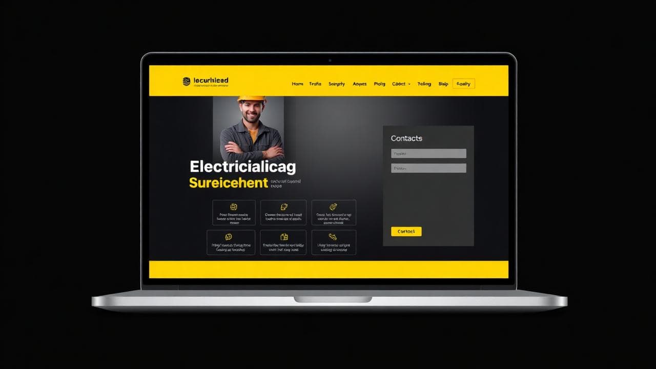 Template-based electrician website shown in a browser frame with a generic layout and stock imagery