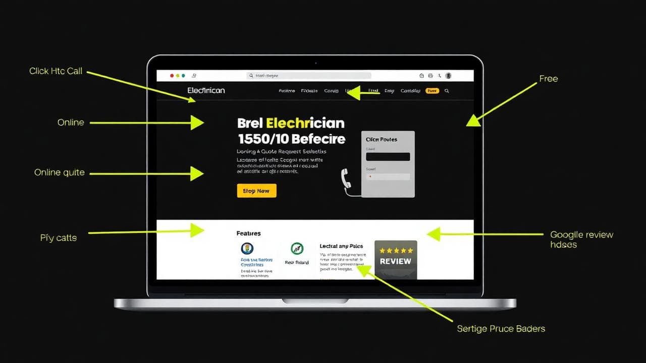 Annotated electrician website with five labelled callout arrows showing the must-have features